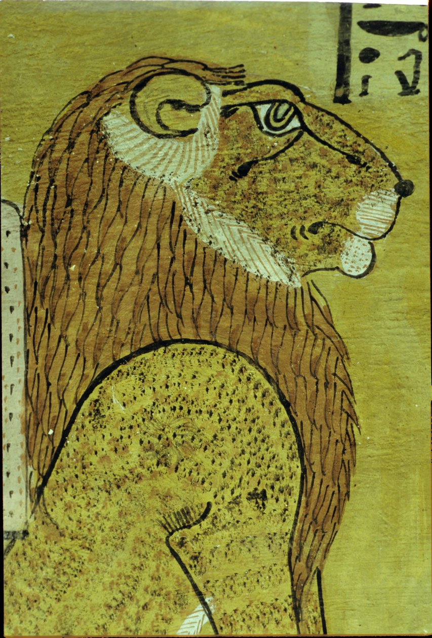 Altes Ägypten, Wandmalerei, Grab von Inherkhau, Theben, Einer der beiden Löwen, Wächter von heute und morgen, 20. Dynastie von School Egyptian