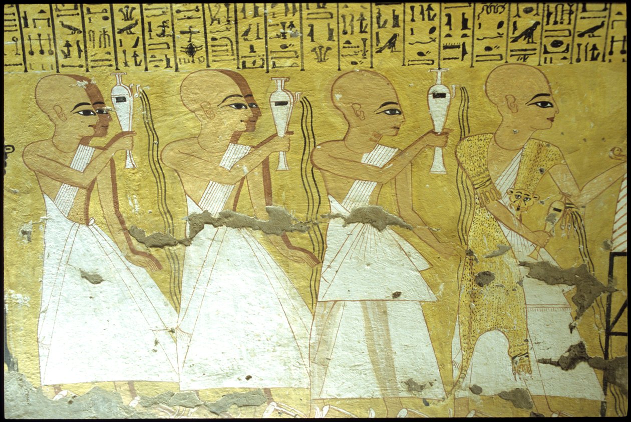 Altes Ägypten, Wandmalerei, Grab des Inherkhau, Theben, Grab der Edlen, 20. Dynastie, Priester gießen Trankopfer für Inherkhau von School Egyptian
