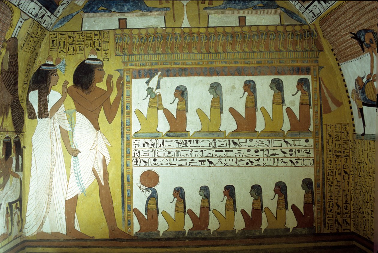 Altes Ägypten, Wandmalerei, Grab von Sennedjem, Wand, Sennedjem und seine Frau verehren die Götter der Unterwelt, Osiris, Horus, Theben, Deir el Medina von School Egyptian