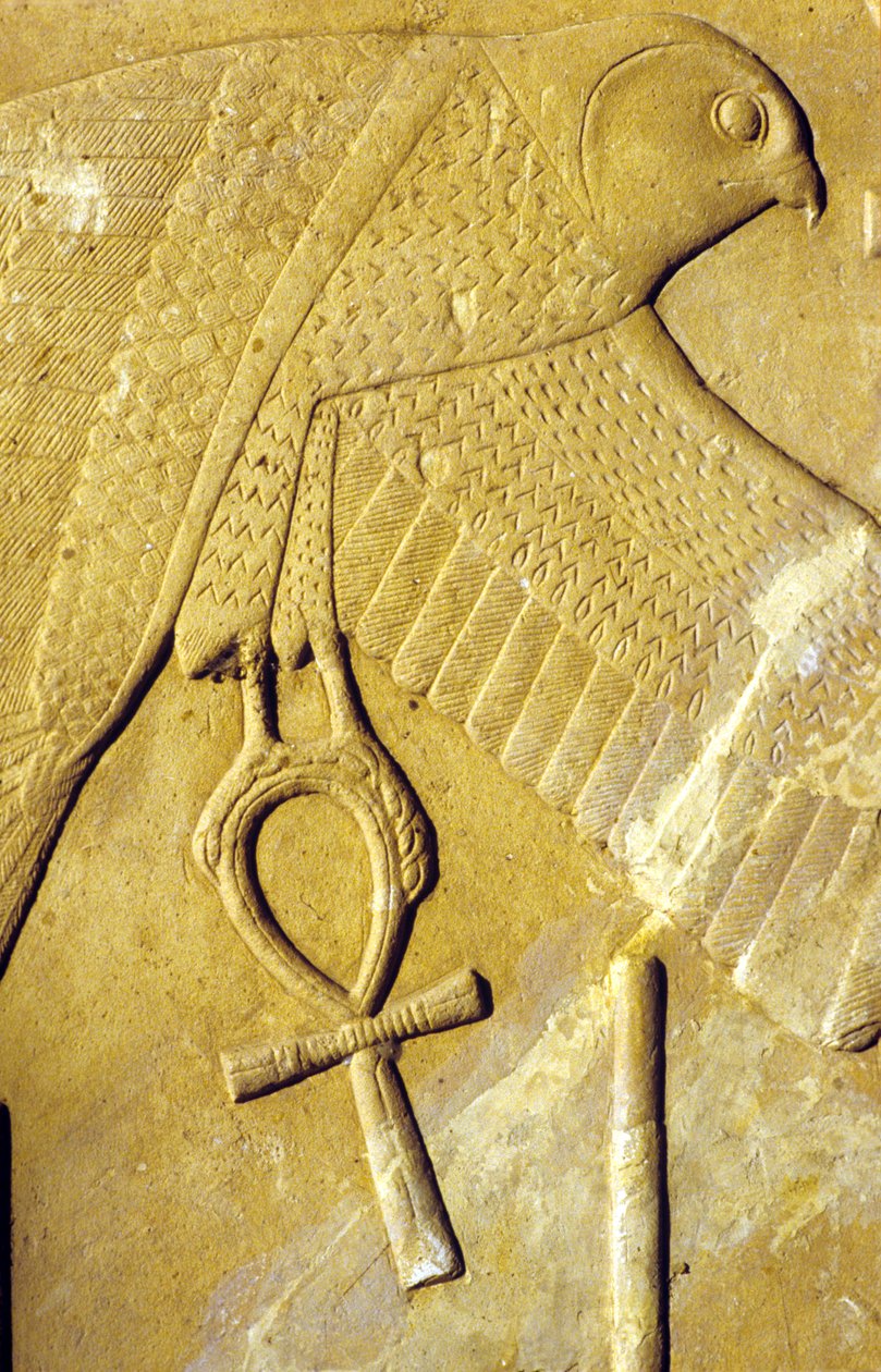 Altes Ägypten, Wandmalerei/Schnitzerei, Der Horusfalke trägt das Ankh, Symbol des Lebens, Karnak-Tempel, Luxor von School Egyptian