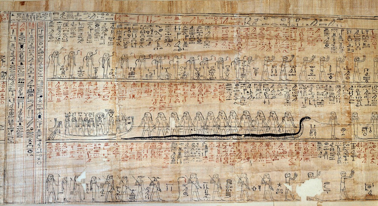 Ägyptische Antike: Papyrus aus dem Buch der geheimen Häuser. Dieses Buch ist eine kommentierte Darstellung der unterirdischen Reise der Sonne während der zwölf Stunden der Nacht. Zuerst an den Wänden der königlichen Gräber gezeichnet, wurde es dann auf Pap von School Egyptian