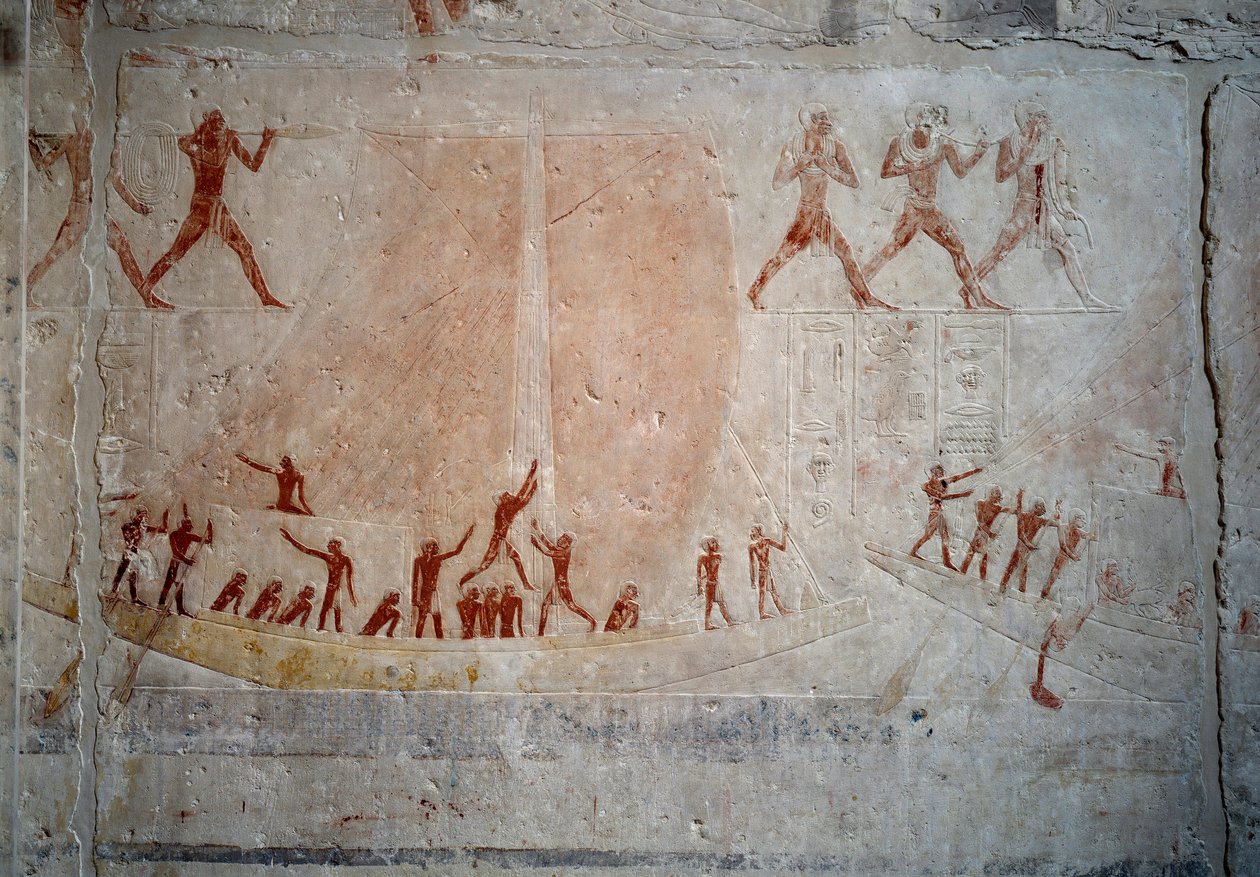 Ägyptische Antike: ein Segelboot. Kalksteinrelief aus der Kapelle des Mastaba von Akhethetep in Saqqara. 5. Dynastie (um 2500-2350 v. Chr.) 2300 v. Chr. Paris, Louvre Museum von School Egyptian