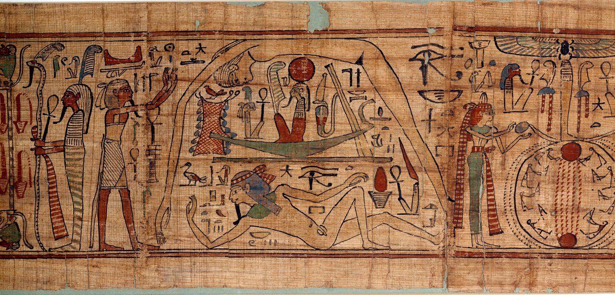Ägyptische Antike Allegorie des Kosmos: Mythologisches Papyrus von Neskapashouty, Buchhalter der Getreide, darstellend Kosmogonie, mit Geb, Nout, Nephtys, Osiris von School Egyptian