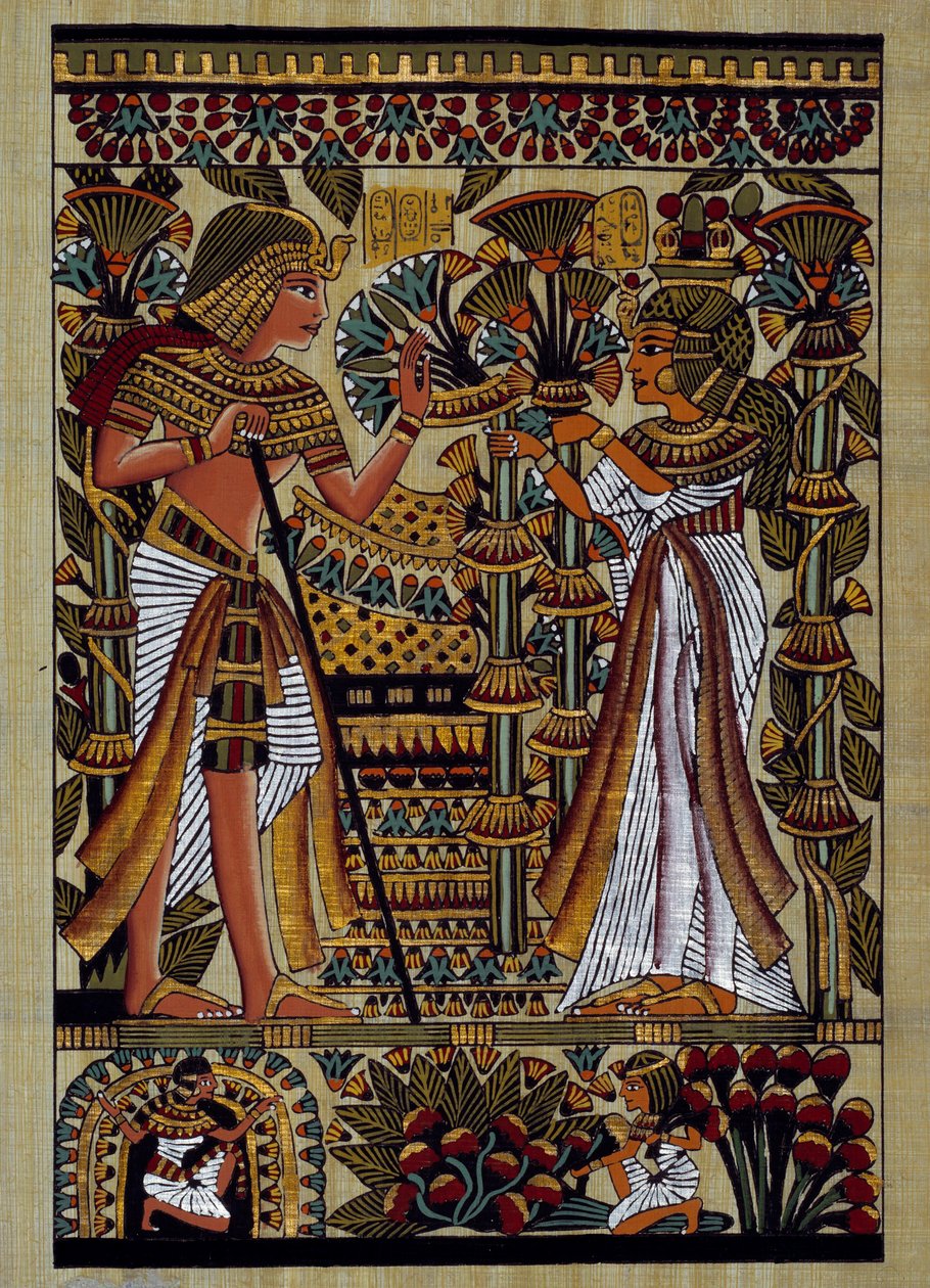 Ägyptische Antiquitäten: Opfergabe an den Pharao. Papyrus, Neues Reich von School Egyptian