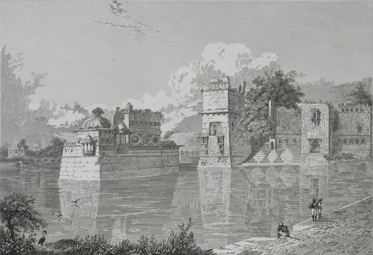 Palast von Ranee Bheem und Pudmundi in Cheetore (Chitor, Udaipur-Staat) (Gravur) von School English
