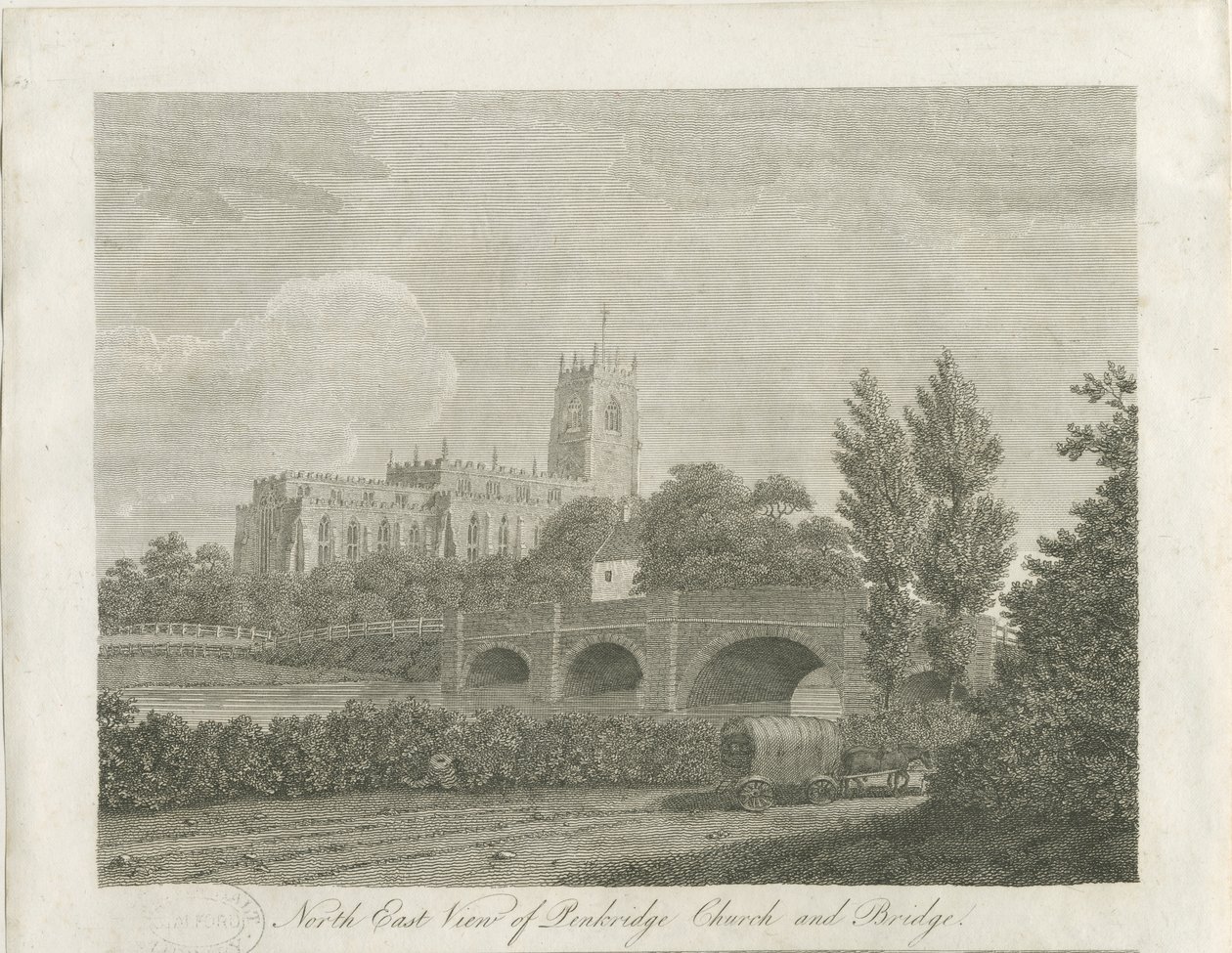 Penkridge Stadt - Kirche und Brücke: Gravur von School English