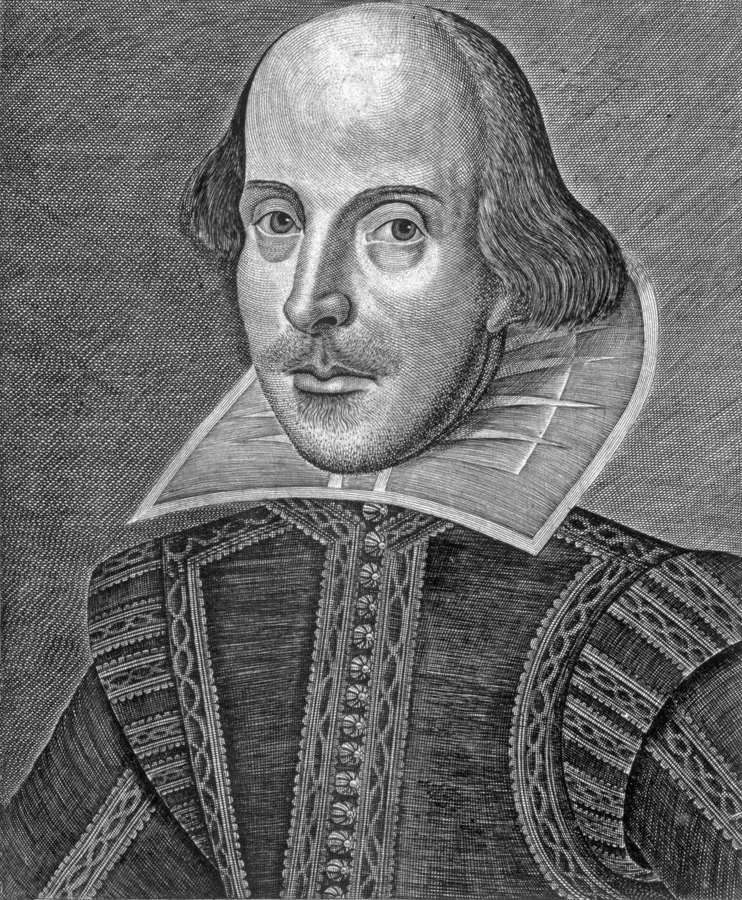 Porträt von William Shakespeare, graviert von Martin Droeshout (ca. 1560-ca. 1642) von School English