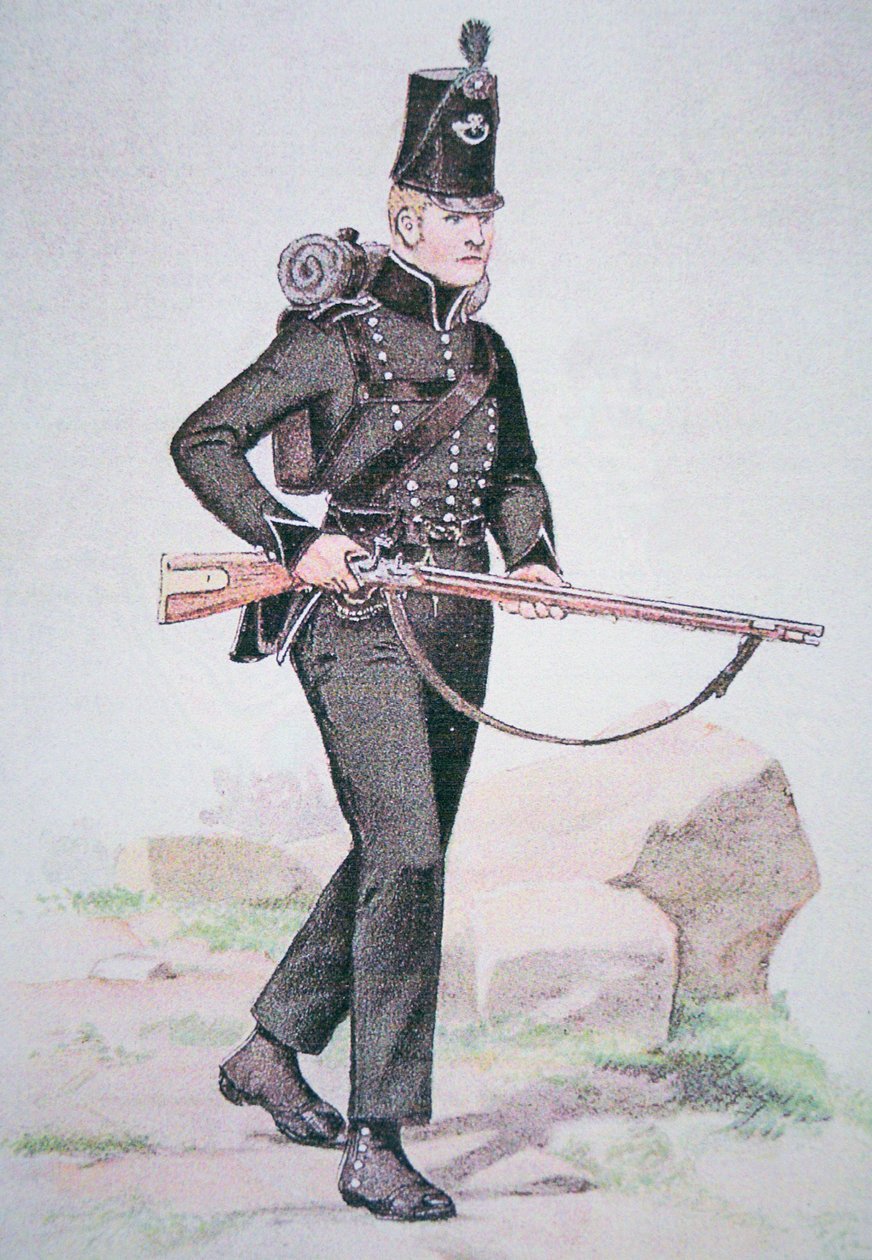 Soldat der 95. Gewehre, ca. 1810, bewaffnet mit dem Baker-Gewehr, entworfen von Ezekiel Baker aus London von School English