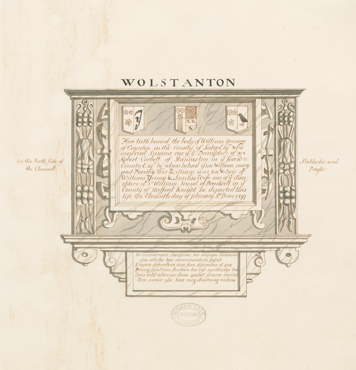 Wolstanton-Kirche - Wanddenkmal für William Yonge von Caynton: Feder- und Waschzeichnung, undatiert [?19. Jahrhundert] von School English