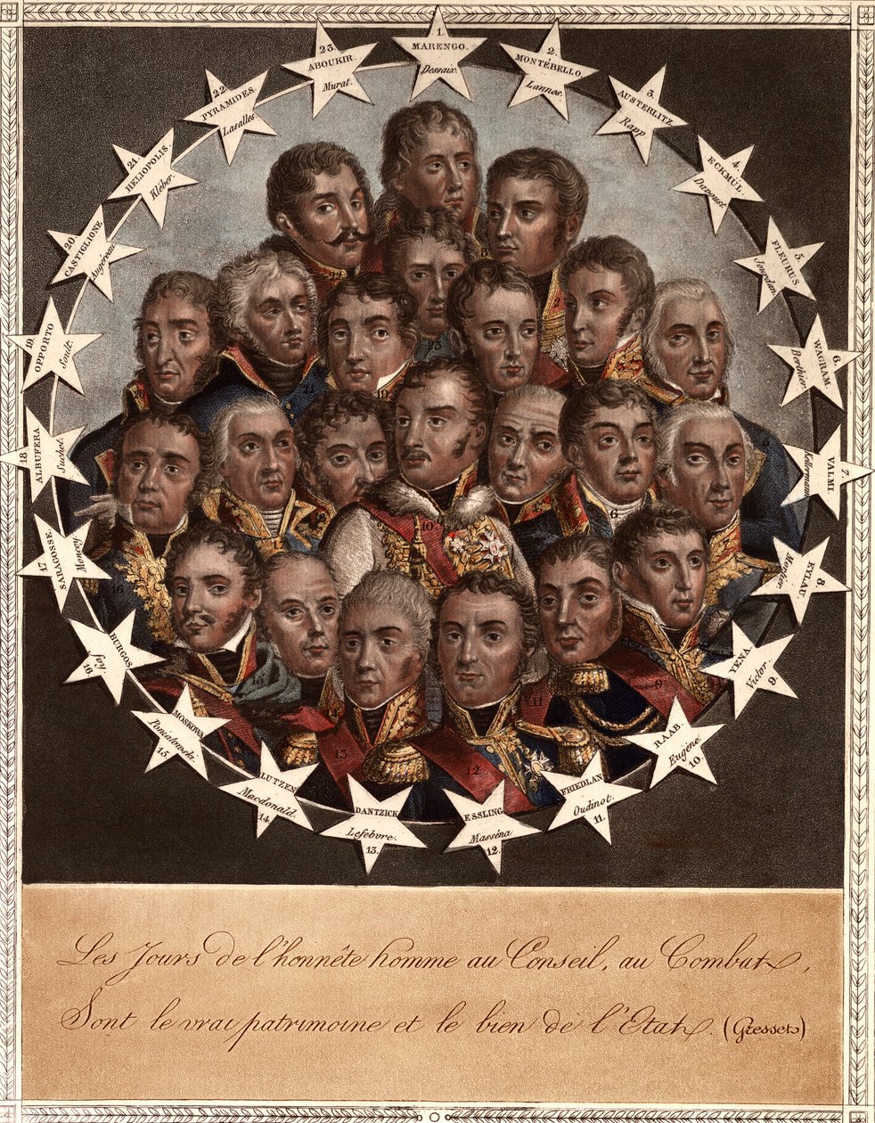 Ein Held durch den Sieg - Die Tage der Ehrlichkeit im Rat, im Kampf - sind das wahre Erbe und Gut des Staates. (Gressets) - 1. Marengo. Dessaix. 2. Montebello. Lannes. 3. Austerlitz. Rapp. 4. Eckmühl. Davoust. 5. Florus. Jourdan. 6. Wagram. Berthier von School French