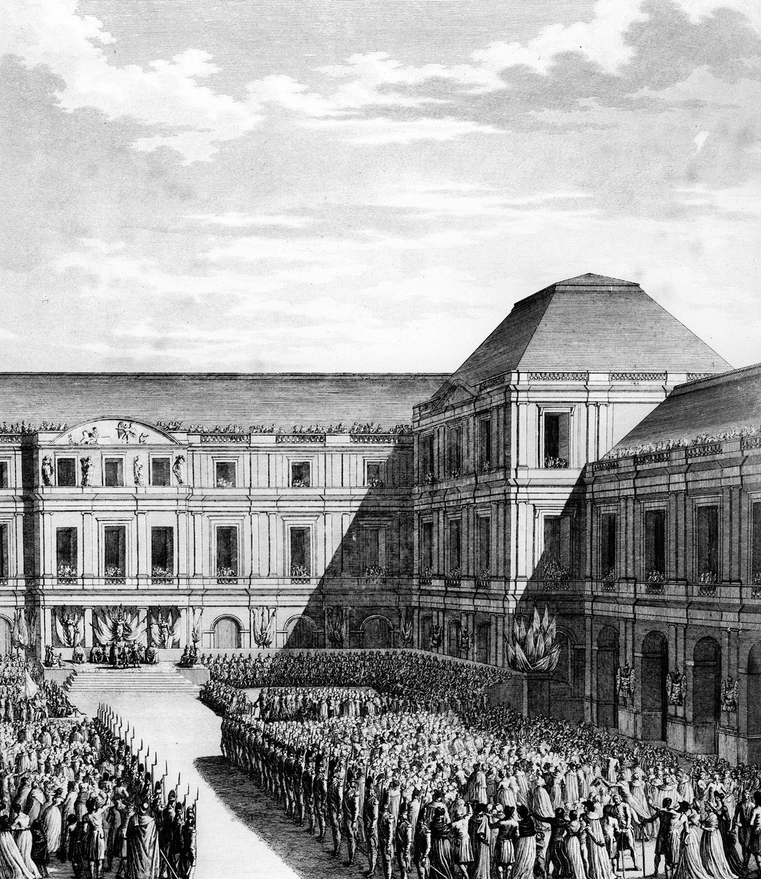 Fest gegeben von Napoleon I. Bonaparte (1769-1821) im Palais national du Directoire (Palais du Luxembourg) in Paris nach dem Vertrag von Campo Formio am 20. Frimaire Jahr VI (10. Dezember 1797). Paris, Bibliothek des Instituts für Revolutionsgeschichte von School French
