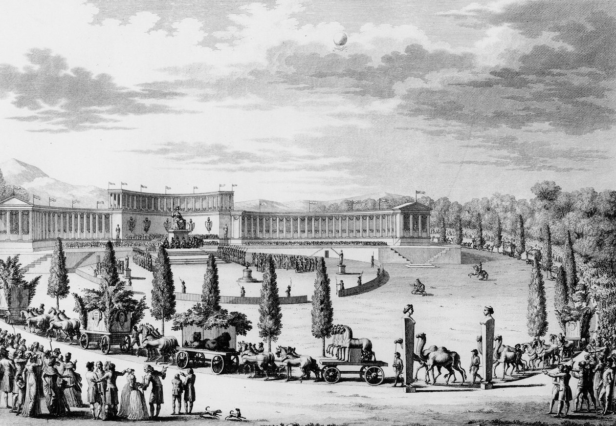 Französische Revolution: Fest anlässlich des triumphalen Einzugs der Denkmäler der Wissenschaft und Kunst in Frankreich am 9. und 10. Thermidor An VI (28. Juli 1798) unter der Leitung von Konsul Napoleon Bonaparte (1769-1821) (Plünderungskampagne). Paris von School French