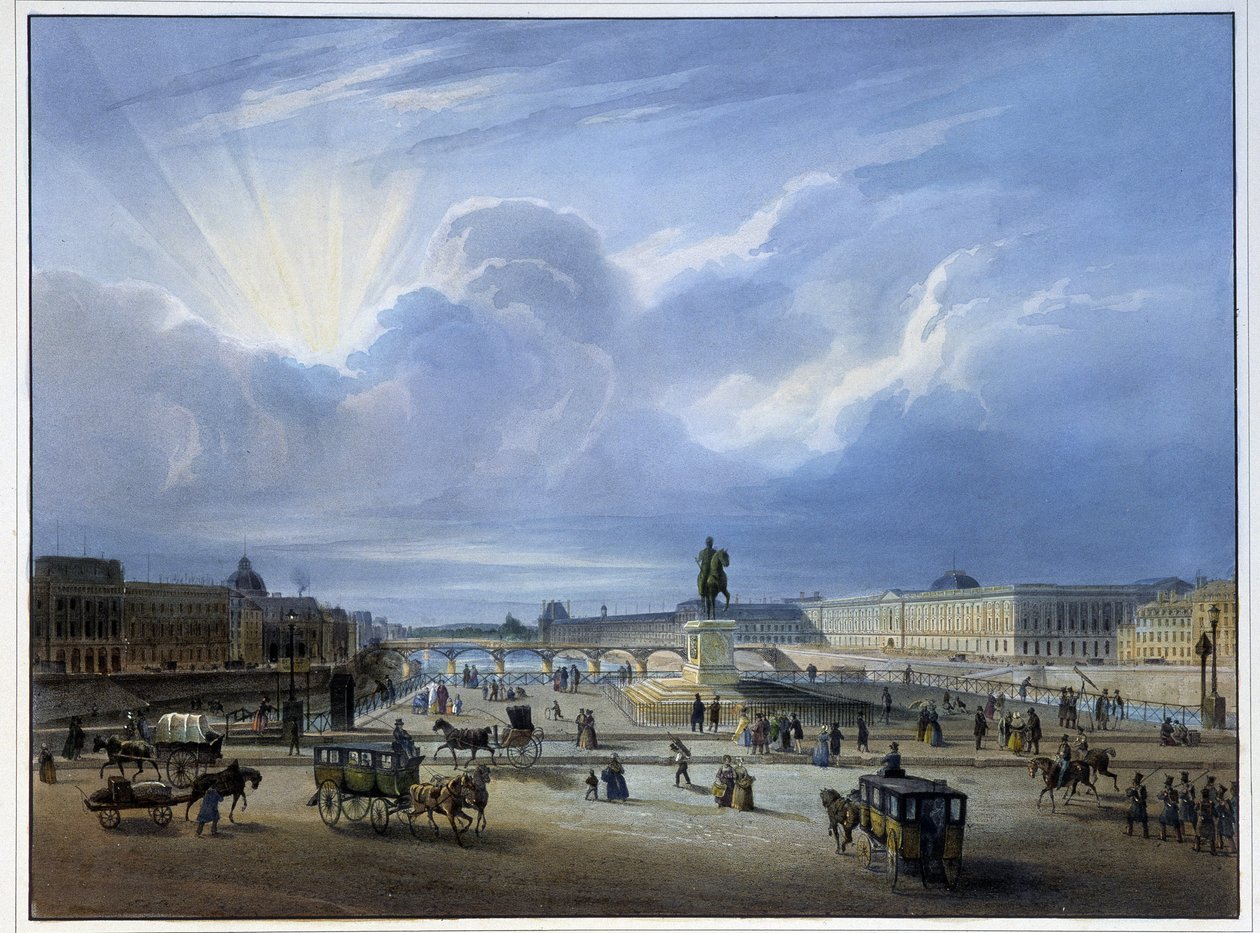 Gesamtansicht des Louvre mit der Statue von Heinrich IV. von School French