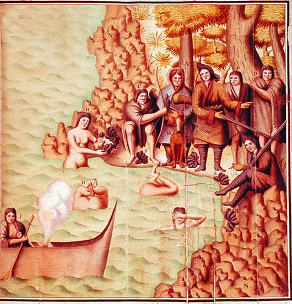 Indianer aus der Magellanstraße mit französischen Entdeckern, Illustration aus dem 