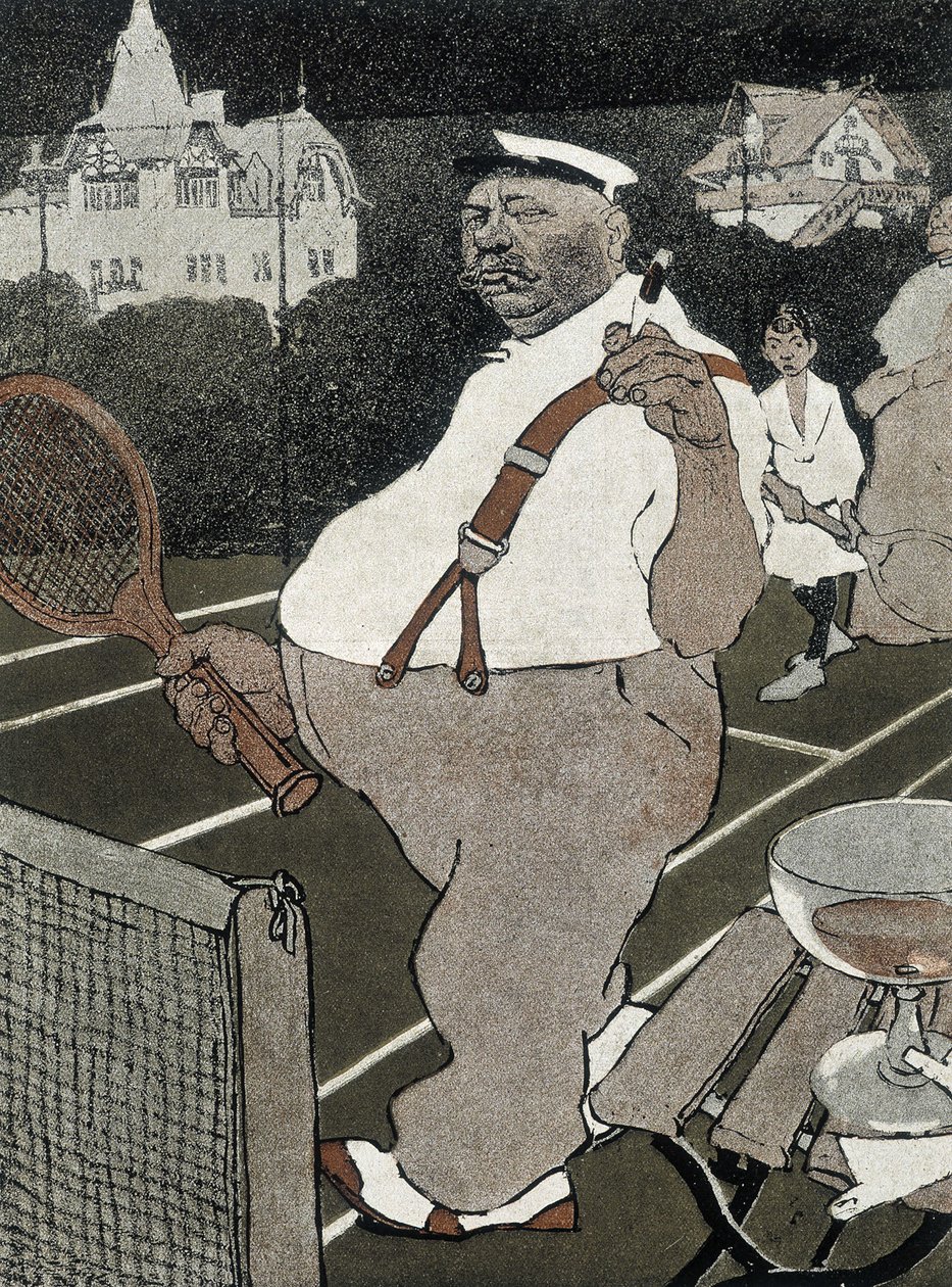 Tennis: dicker Mann, rauchend und Alkohol trinkend, spielt Tennis - deutsche Karikatur von School German