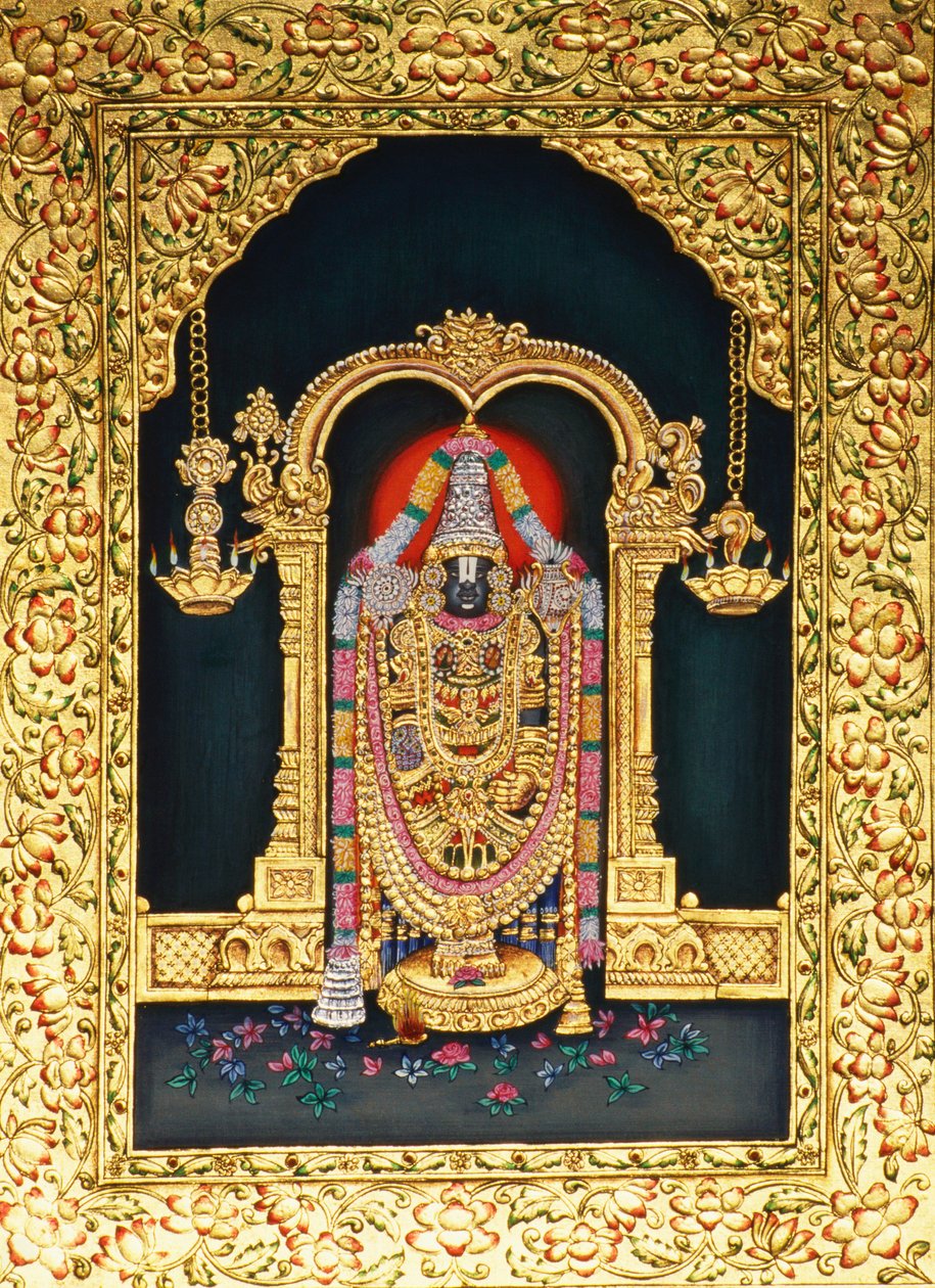 Gott Tirupati Balaji in Miniaturmalerei auf Papier mit Goldprägung von School Indian
