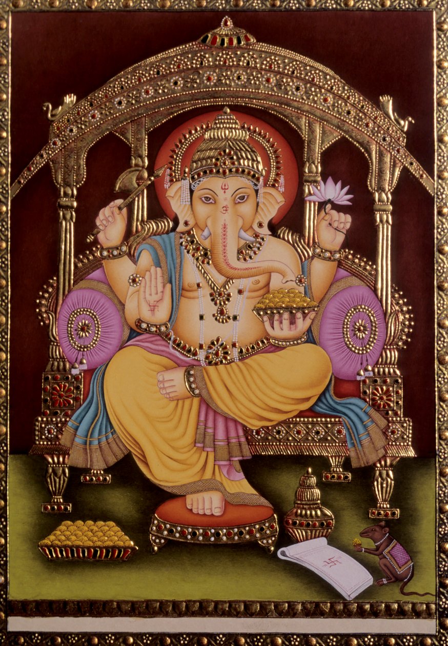 Lord Ganesh Ganpati Miniaturmalerei auf Papier mit Goldprägung von School Indian
