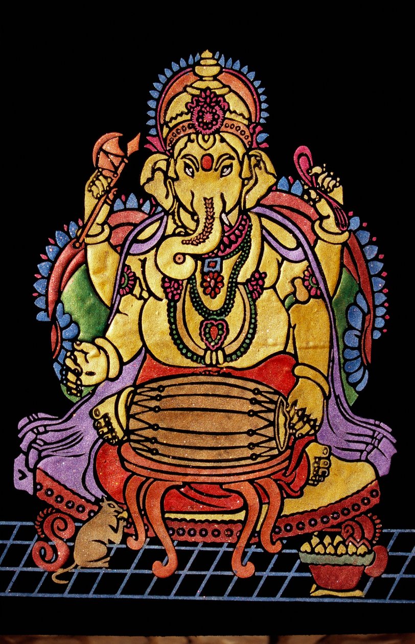 Lord Ganesha Ganpati spielt ein Musikinstrument, Stickarbeit von School Indian