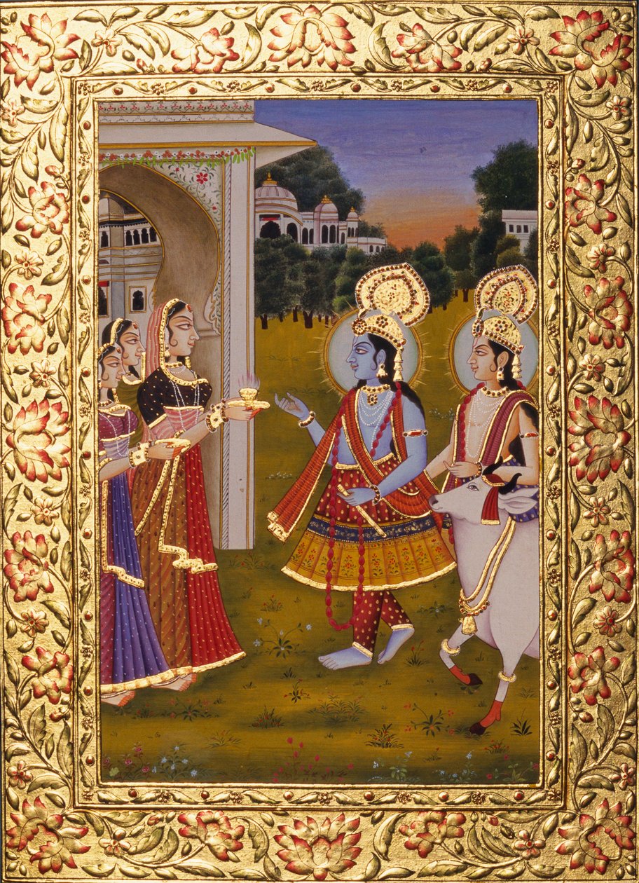 Radha Krishna Miniaturmalerei auf Papier mit Goldprägung von School Indian