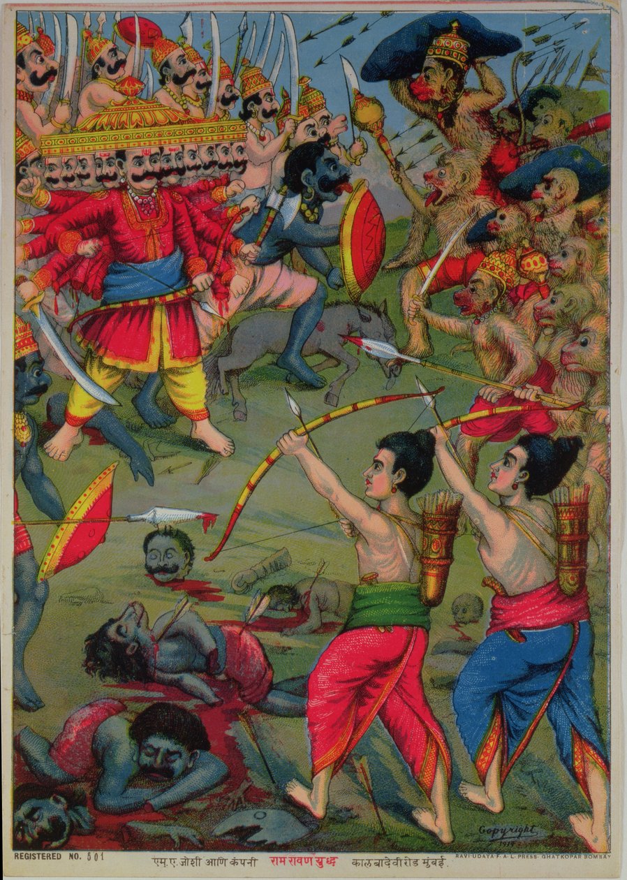 Rama und Lakshmana im Kampf mit Ravana, Ramayana-Epos, ca. 1914 von School Indian