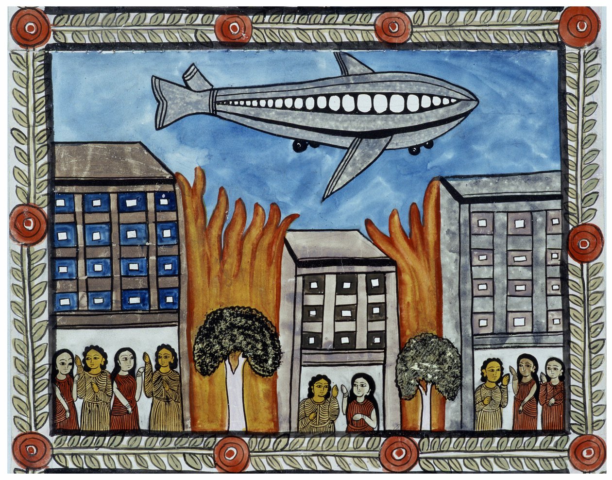 Die Geschichte der Anschläge vom 11. September 2001 erzählt von den Baul-Händlern aus Bengalen. Malerei, Serie, Nummer 6/9, Bengalen. von School Indian