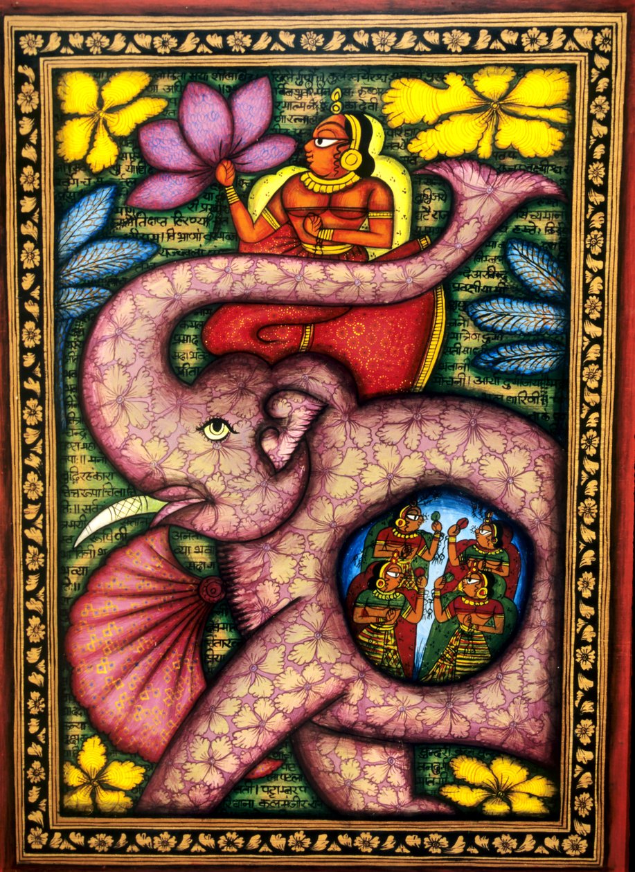 Frau sitzt auf Elefant und hält Blume, Miniaturmalerei, Indien von School Indian