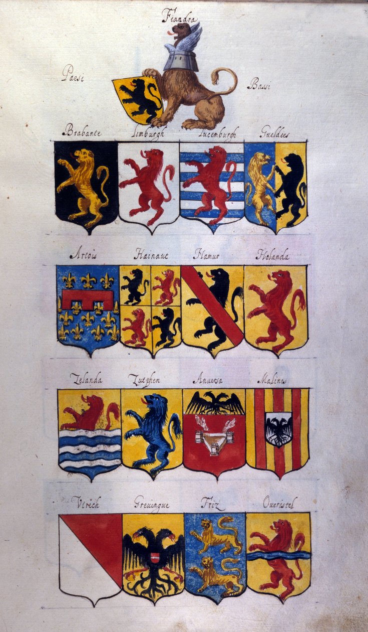 Wappen der Niederlande (Holland, Flandern, Hennegau) mit Drachen, Staatsarchiv von Mailand von School Italian