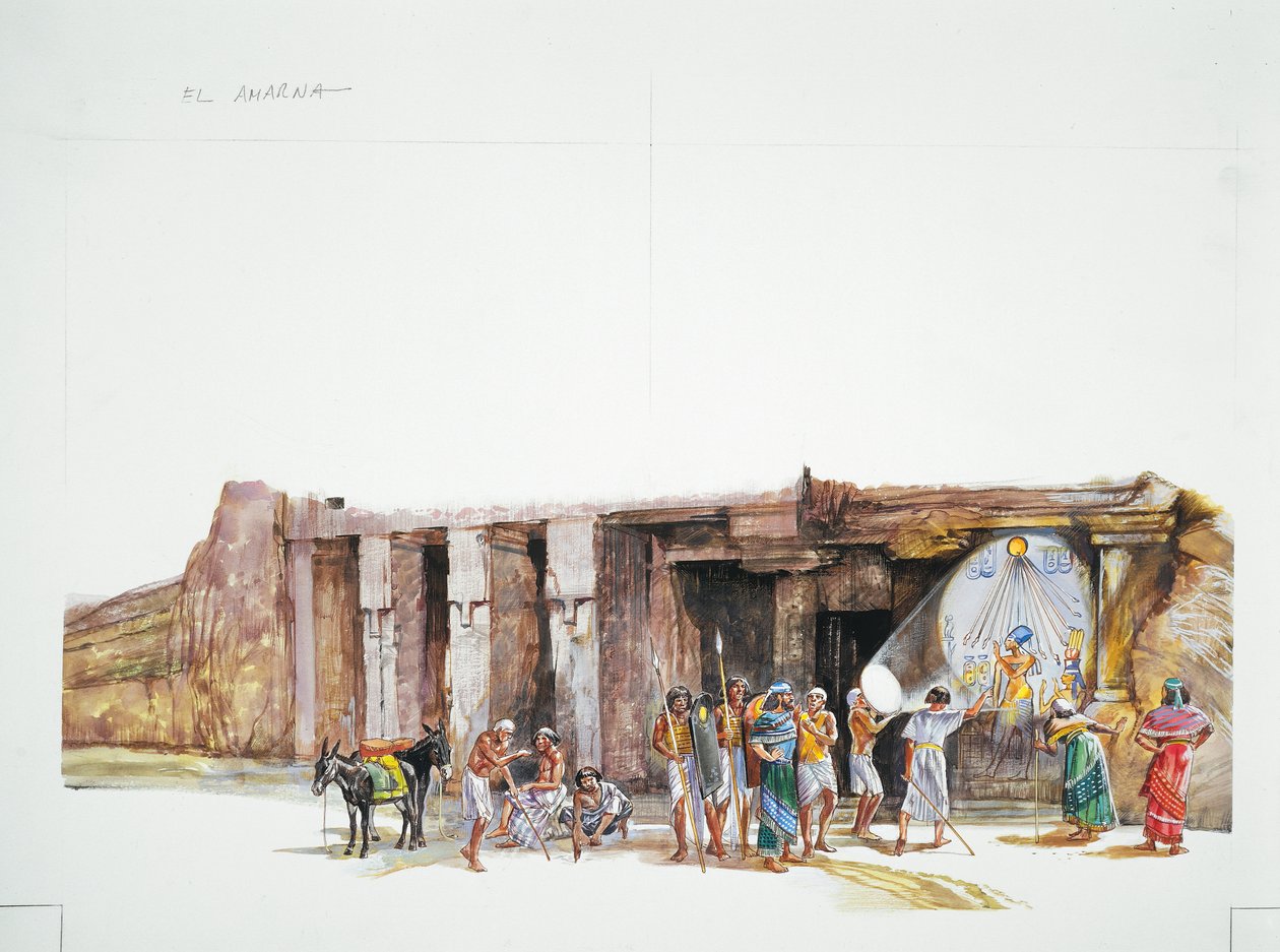 Tell el-Amarna - Rekonstruktion der Verehrung des Gottes Aton, dargestellt als Sonnenscheibe (Farblithografie) von School Italian