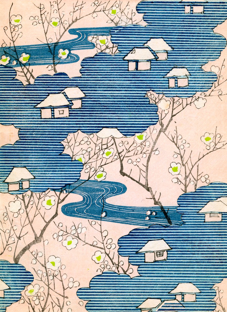 Muster für ein Kimonodesign: Hütten mit Flüssen und Kirschblüten, ca. 1900 von School Japanese
