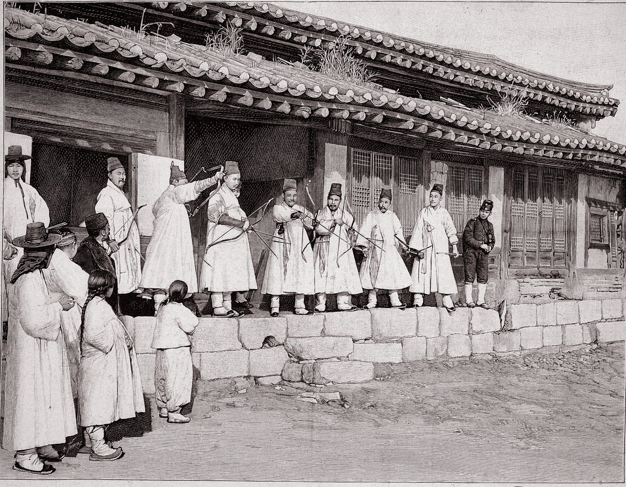 Bogenschützen im alten Palast von Seoul, Korea, Ende des 19. Jahrhunderts von School Korean