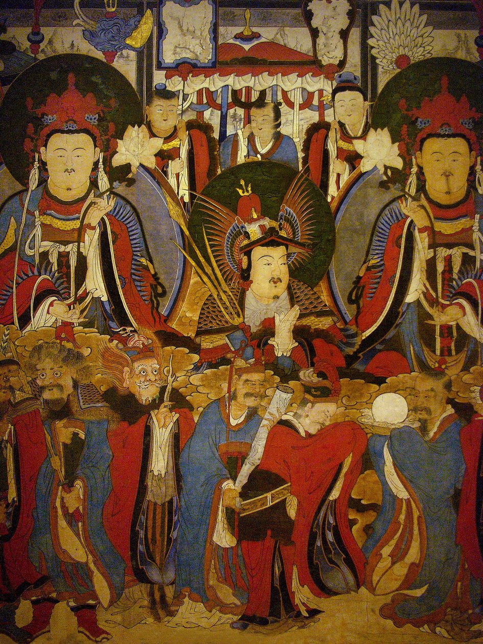 Buddha und Bodhisattva begleiten ihre Wächter, Malerei auf Rolle, Joseon-Periode (1392-1896), Korea. Fotografie, Seoul National Museum, Republik Korea von School Korean