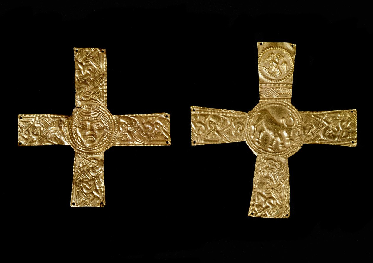 Archäologie des Mittelalters. Barbarische Kunst der Lombardei: Brustkreuze aus Goldblättern. Lombardische Kunst des 7. Jahrhunderts von School Lombard