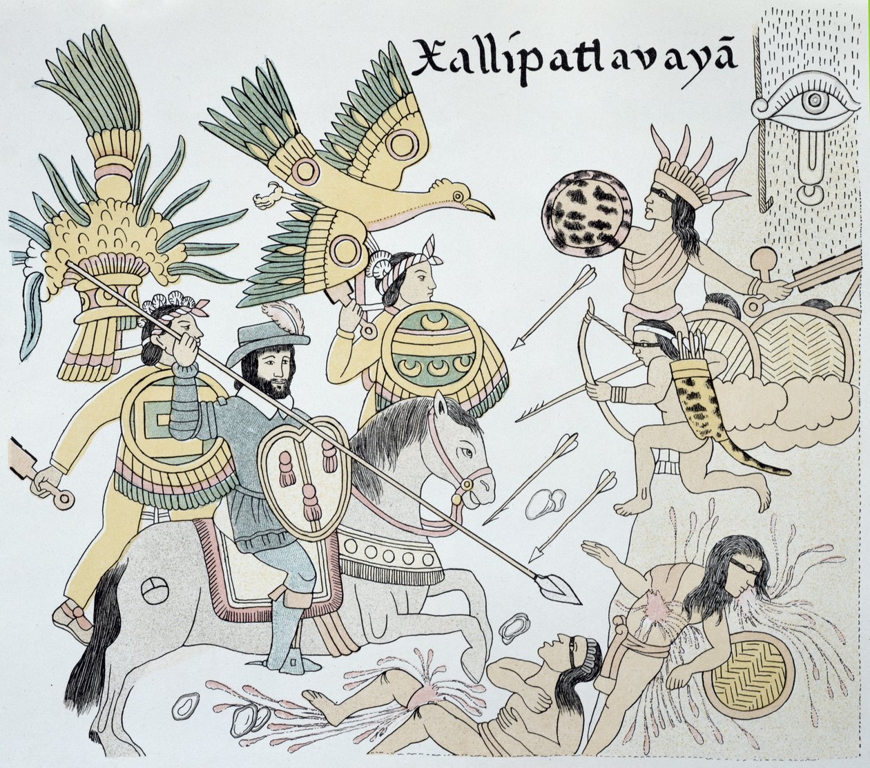 Kampf zwischen Spaniern und Azteken in der Schlacht von Xallipatlavaya, Illustration aus einer Faksimile einer mexikanischen indianischen Bildgeschichte 