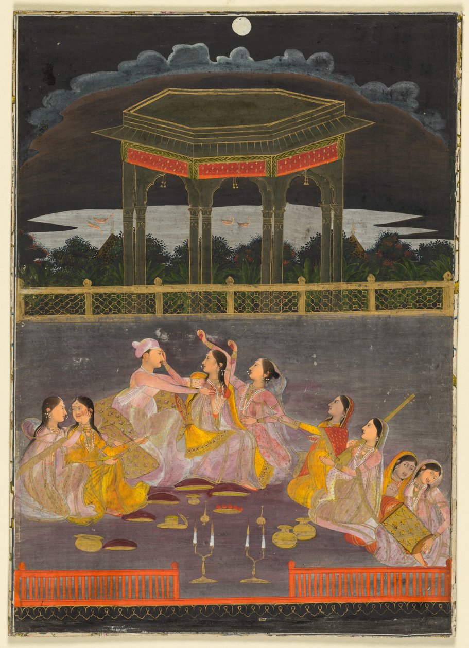Ein Prinz feiert Holi mit Palastfrauen auf einer Terrasse bei Nacht; verso: Kalligraphie eines Vierzeilers von School Mughal