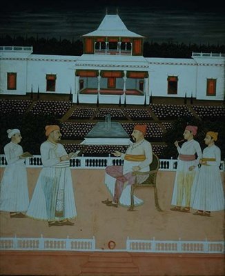 Hazan Riza überreicht eine Bittschrift an den Nawab von Oudhaa in einem Mughal-Garten von School Mughal