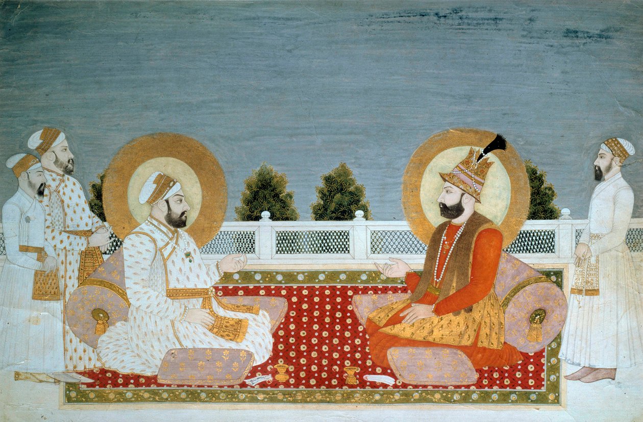 Indische Kunst: „Darstellung von Mohammed Shah (1702-1748) indischer Kaiser und Nadir Shah (1688-1747), Schah von Iran“ Miniatur der Mughole-Schule, Muhammad Shah (1526-1858 n. Chr.) Paris, Musée Guimet, Musée national des Arts Asiatiques von School Mughal