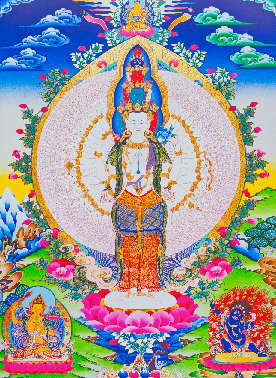 Bildnis des tausendarmigen Avalokiteshvara, des elfhäuptigen Avalokiteshvara mit tausend Armen und 1022 Augen, die unendliches Mitgefühl symbolisieren von School Nepalese