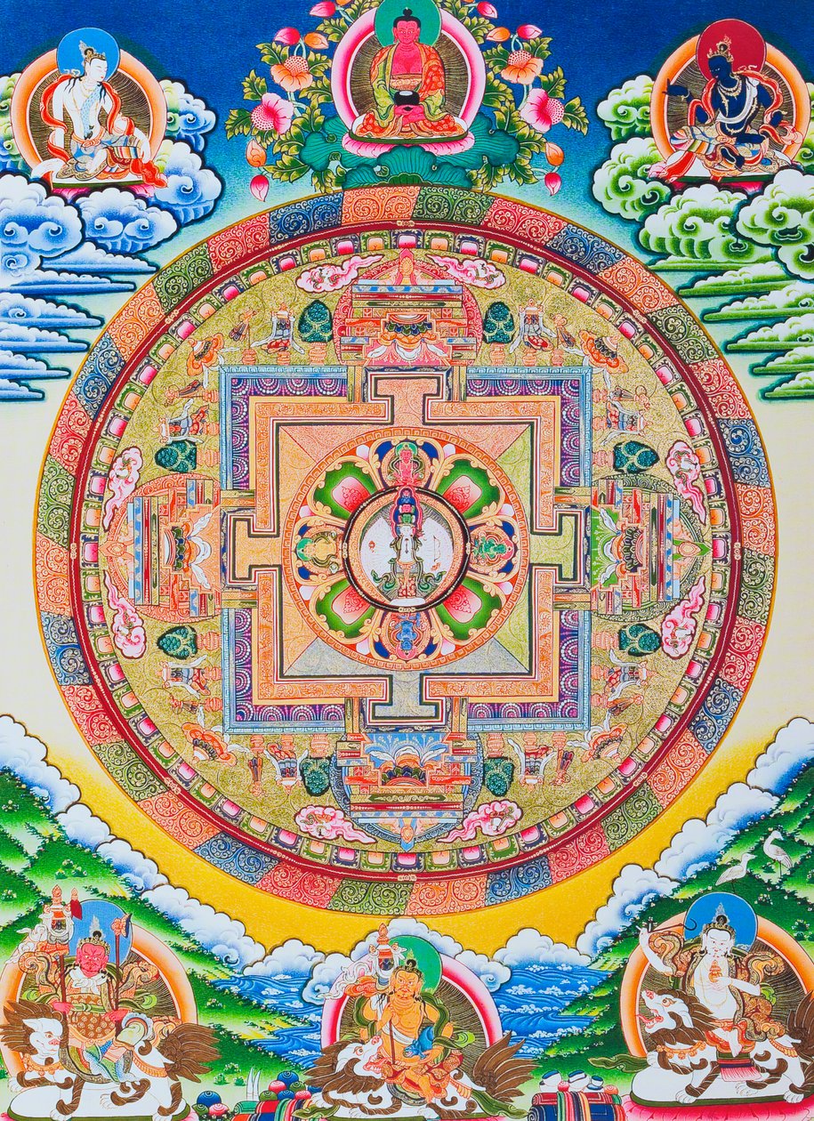 Mandala mit tausendarmigem Avalokiteshvara; der heilige, magische Kreis, der den elfköpfigen Bodhisattva darstellt, der unendliches Mitgefühl symbolisiert von School Nepalese