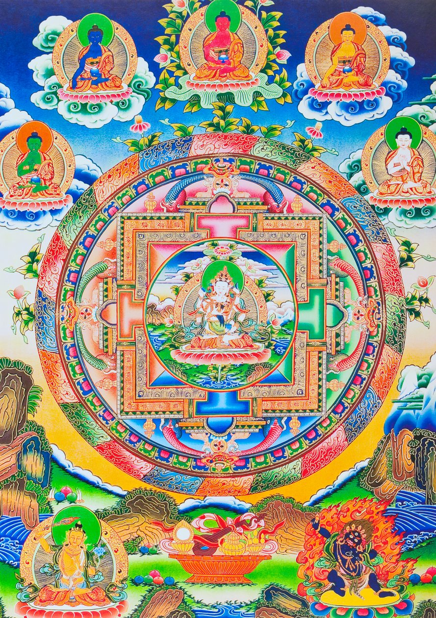 Vajrasattva, Mandala, das den selbst erschaffenen tantrischen Buddha ohne Anfang oder Ende in einer ewigen Umarmung mit Prajna-Weisheit darstellt von School Nepalese