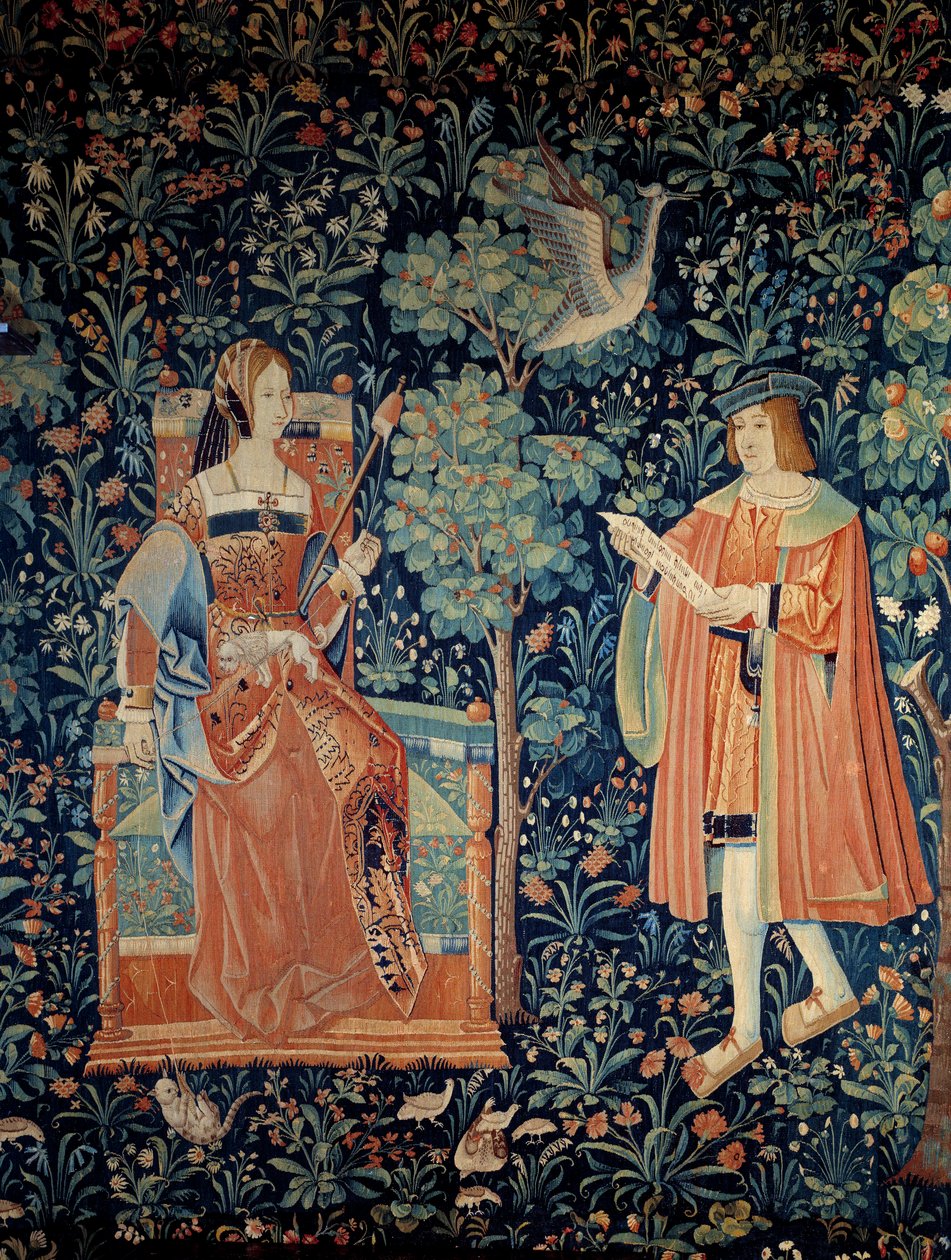 Vorhang des herrschaftlichen Lebens: Höfische Liebesszene (Detail) von School Netherlandish