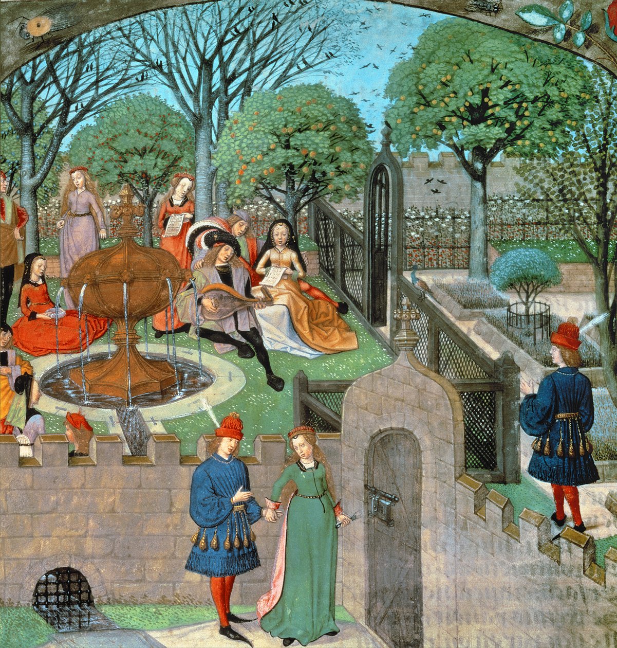 Gartenszene, der Liebhaber und Dame Oyseuse (Müßiggang) außerhalb der Gartenmauern, aus dem 