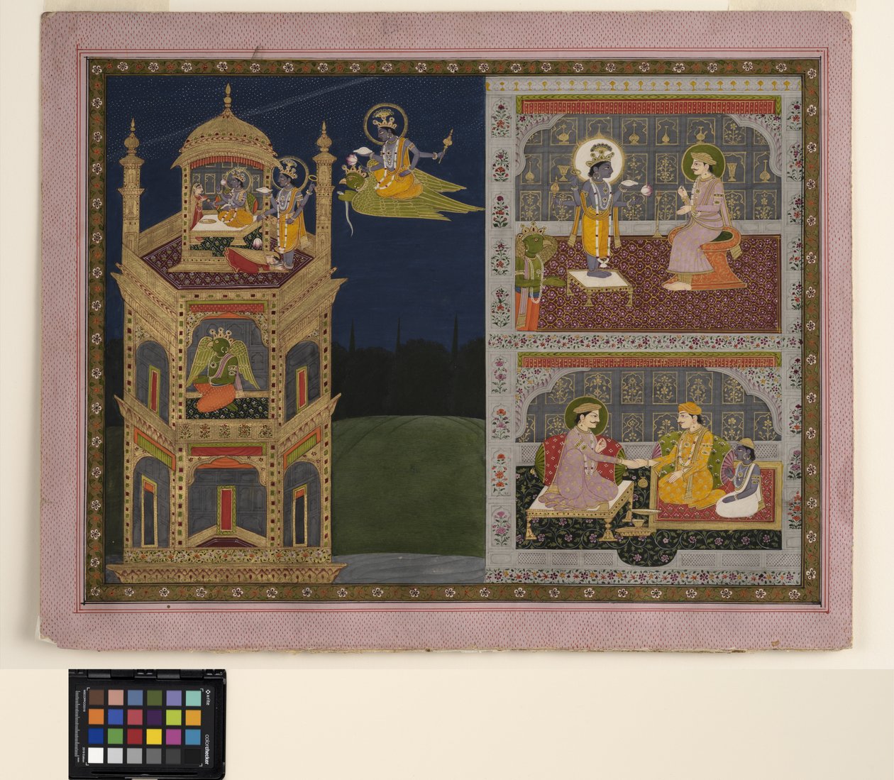 Vishnu nähert sich einem goldenen Turm auf Garuda, ca. 1825 von School Pahari