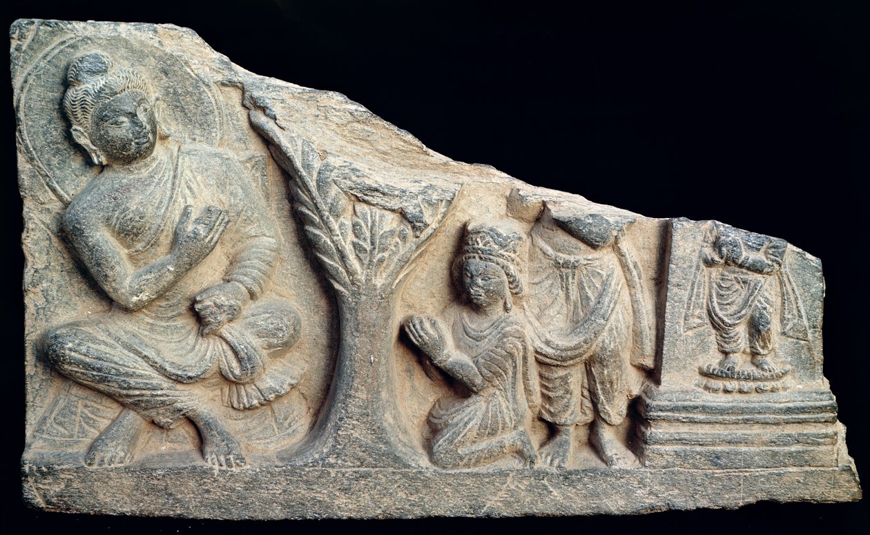 Detail eines Relief-Frieses, der einen sitzenden Buddha mit Oranten darstellt, griechisch-buddhistischer Stil, aus Taxila, Pakistan von School Pakistani
