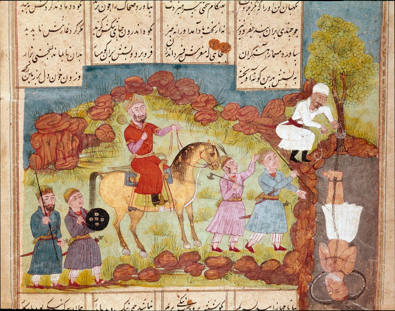 Islamische Kunst: Folterszene eines Feindes, lebendig begraben am Fuße eines Baumes. Persische Miniatur aus einem Manuskript des epischen Gedichts 