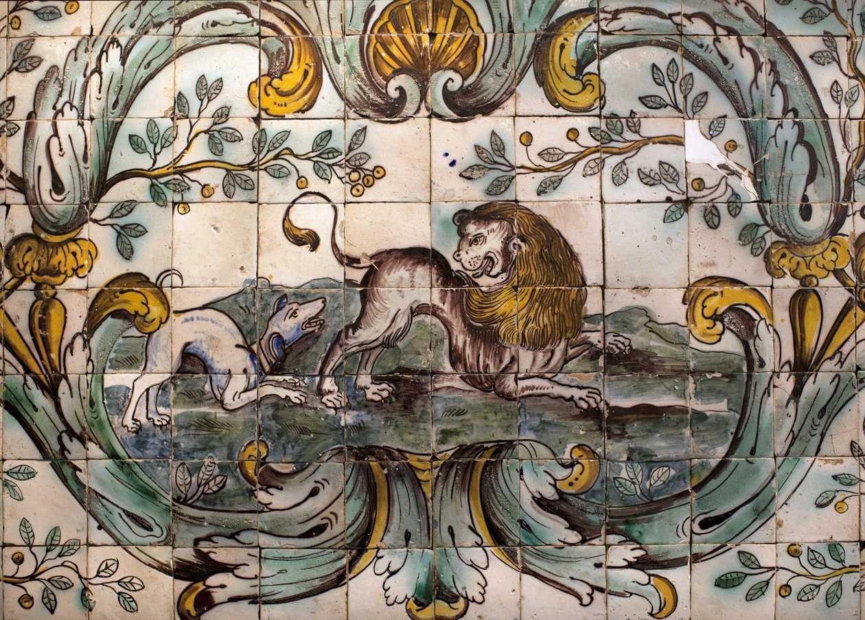 Hund bedroht einen Löwen (Detail) von School Portuguese