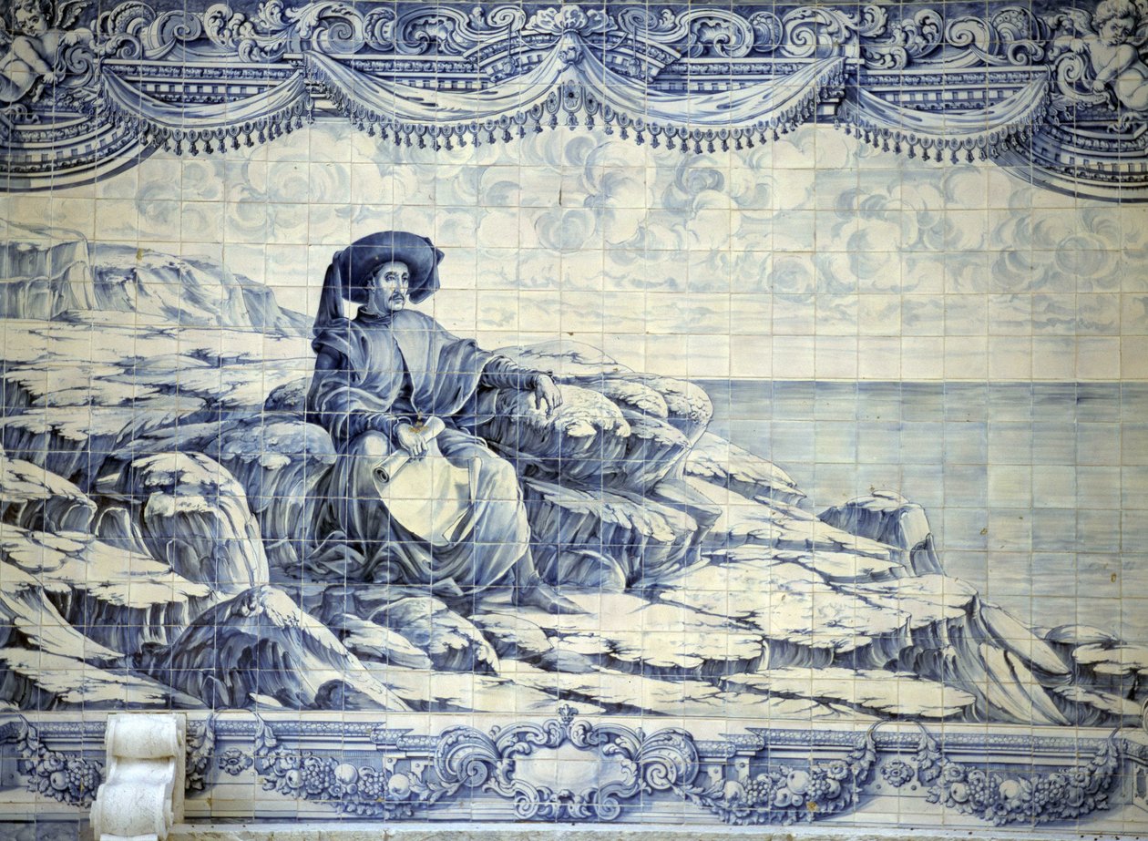 Heinrich der Seefahrer, sitzend, blickt auf das Meer - Azulejo aus der Umgebung von Lissabon (Sintra). von School Portuguese