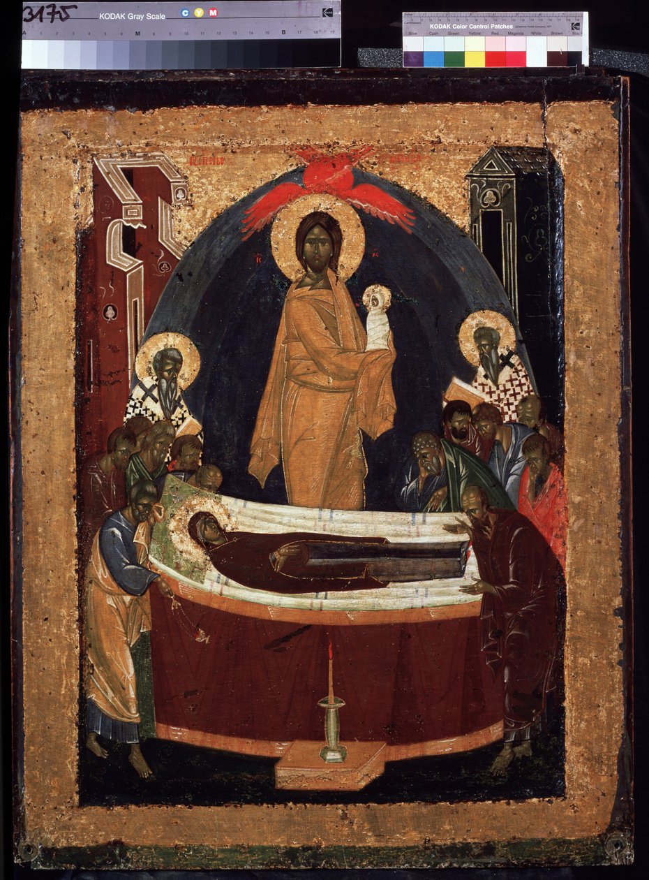 Die Entschlafung der Jungfrau. Der Tod der Jungfrau, auf einem Bett liegend, umgeben von den Aposteln, über ihr Christus, der ihre Seele in Form eines weiß gekleideten Kindes trägt. Gemälde von Theophanes der Grieche (um 1340-um 1410) von School Russian