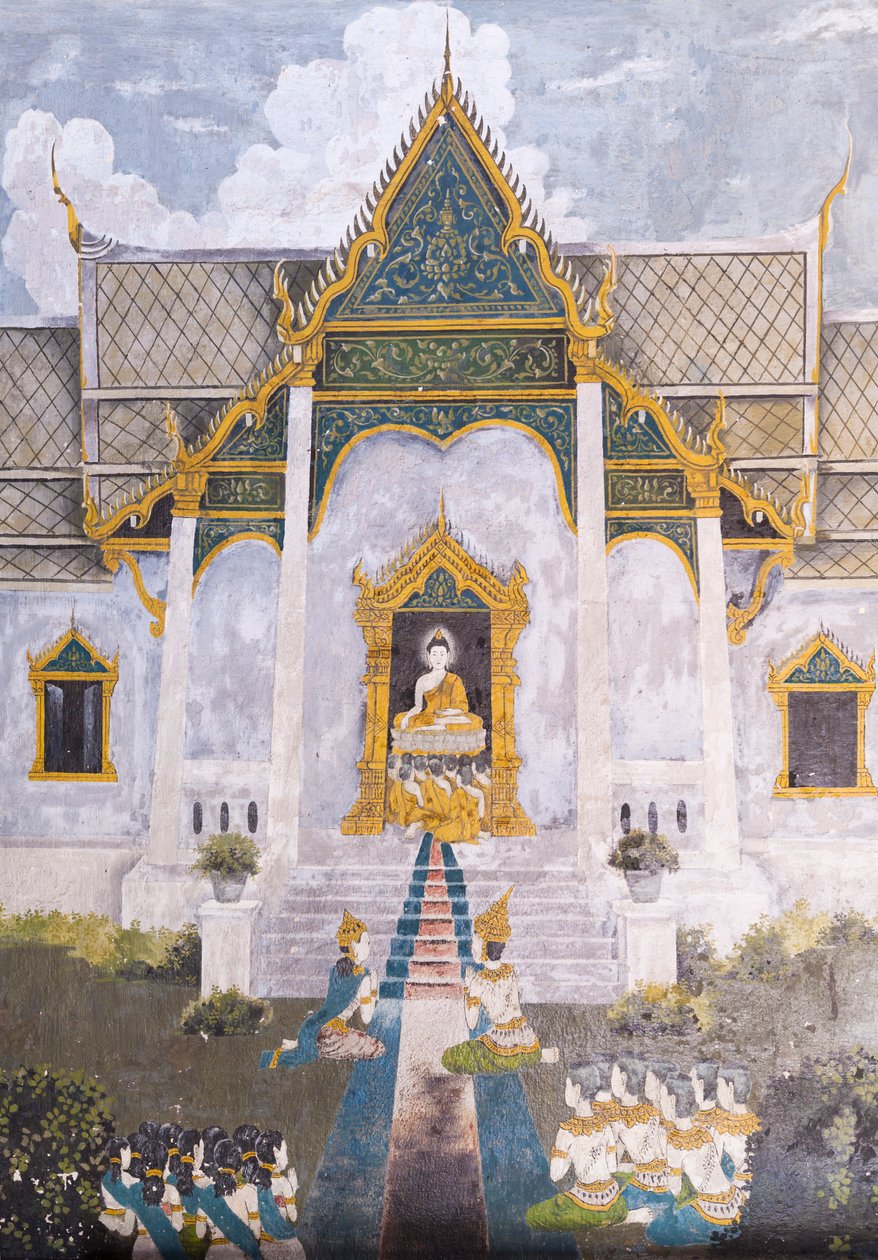 Fresko, das eine Szene aus dem Leben Buddhas darstellt, Wat Phra That Doi Suthep Tempel von School Thai