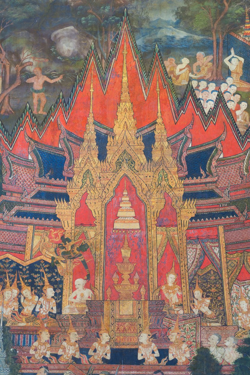 Wandmalereien in der Buddhaisawan-Kapelle, die Indra darstellen, der kurz nach der Einäscherung Buddhas aus den Himmeln herabsteigt und das wertvollste Relikt, einen Zahn, aus dem Haarknoten des Brahmanen stiehlt von School Thai