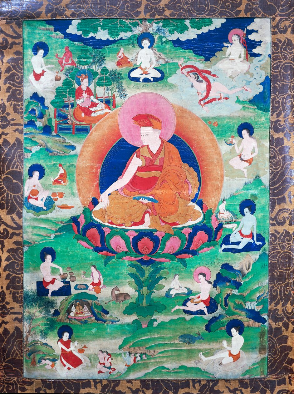 Der Lama Rje-grags Rtod Iha-pa-pa- dbang Graps mit Heiligenschein und umgeben von zahlreichen Mahasiddha (Gouache auf Leinwand) von School Tibetan
